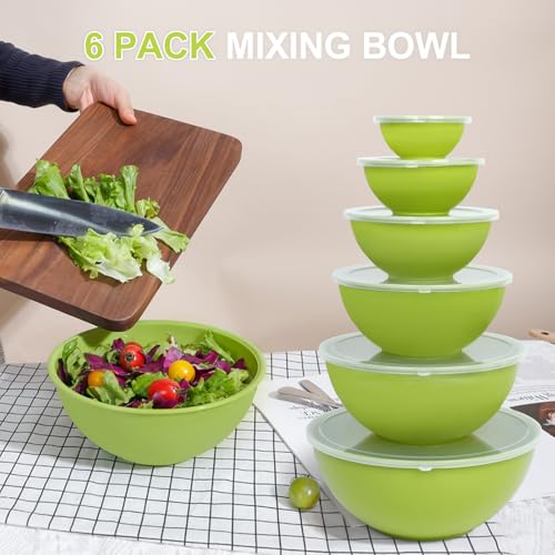 BoxedHome BPA Free Plastic Round Mixing Bowl with Lids, 12 Pack Nesting Bowls with Lids Set, Microwave and Dishwasher Safe Prep & Serving Bowls Great for Mixing, Baking, Serving (Light Green, 12pcs) - color: Light Green