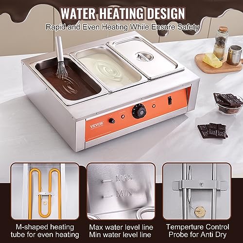 VEVOR Chocolate Tempering Machine, 26.5 Lbs 3 Tanks Chocolate Melting Pot Temp Control 86~185℉, 1500W Stainless Steel Electric Commercial Food Warmer for Chocolate/Milk/Cream Melting and Heating