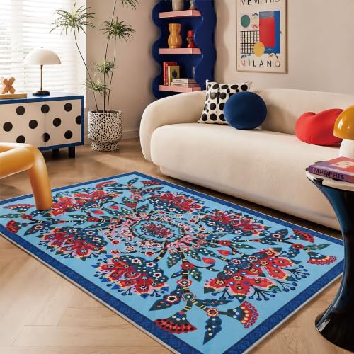 Lotus Area Rug 4x6 Washable Accent Rug - color: Blue Flower, size: 4' x 6' (Rectangular)