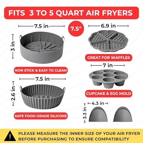 EM Set of 5 Silicone Air Fryer Liners with Egg Bite Mold, Waffle Mold & Mitts - 7.5” Round Reusable Silicone Inserts for 3-5 Qt Airfryers - Easy to Clean & Heat-Resistant Air Fryer Accessories Set - size: 5-Pack 7.5 in Liners for 3-5 Qt