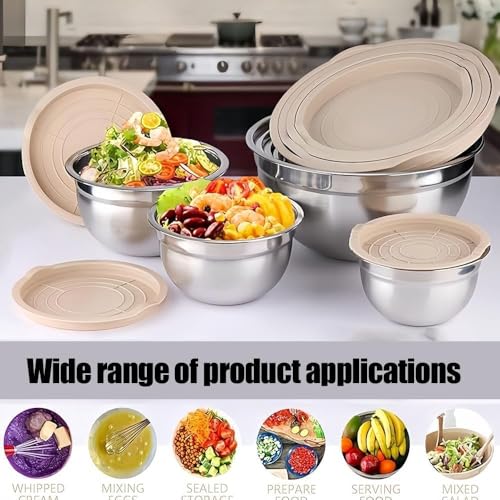 Khaki Stainless Steel Mixing Bowls with Lids Set, 6pcs - color: Khaki 6 Size