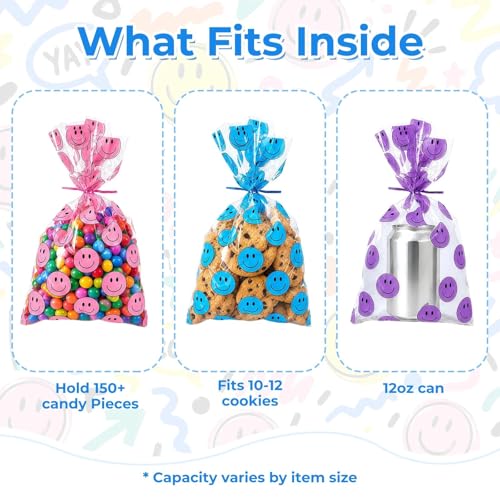 Happy Face Cellophane Bags 200 Pack, Goody Bags with Ties, Treat Gift Bags - color: 200Pcs Yellow Red Purple Blue