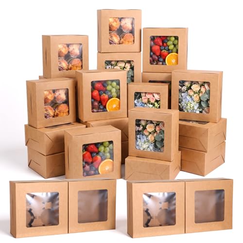 50 PCS Window Cupcake Boxes 4 Count, 6.3x6.3x3 Inch Muffin Boxes with Clear PET Lid & Paperboard, Disposable Bakery Containers for Pastries Cookies Desserts