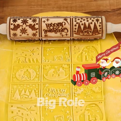 Christmas Embossed Rolling Pin for Baking Cookies Embossing Rolling Pins with Design Wooden Engraved Springerle Roller Pin Dough Patterned Clay Pottery Ceramic Bakers Women (Nativity Patterns) - color: Nativity