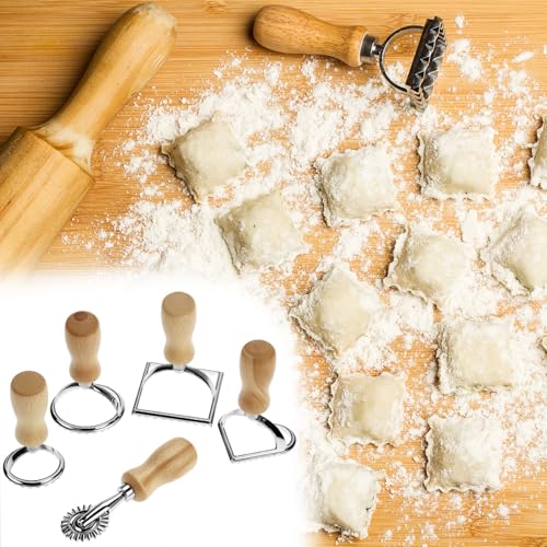 QWORK Ravioli Stamp Maker Cutter with Roller Wheel Set – Wood Handle, Sturdy Aluminum Frame, Precise Fluted Edges – Perfect for Ravioli, Pasta, Cookies