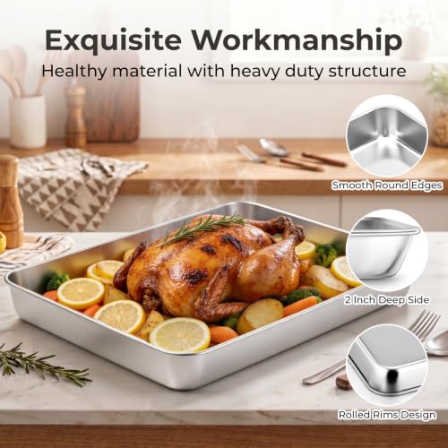 TeamFar Lasagna Pan, 16" x12.13" x2" Stainless Steel Rectangular Cake Pan - color: Silver, size: 16 Inch