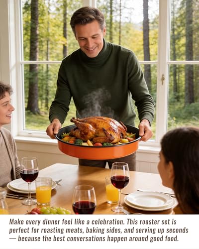 Round Turkey Roasting Pan Set of 4, Enamel Deep Dish Pizza Baking Pan - color: Orange