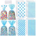 Aodaer 100 Pieces 10.6 x 5.1 In Blue Cellophane Bags Plastic Candy Bags Cellophane Treat Bag Polka Dot Stripes Printed Pattern Goodie Gift Bag with Twist Ties for Birthday, Baby Showers, Weddings Party Supplies - color: Blue