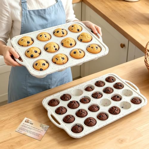 Silicone Mini Muffin Pan Set: 12 & 24 Small Cupcake Baking Pan with Frame - color: Creamy Confetti, size: Regular & Mini: 12 Cup & 24 Cup