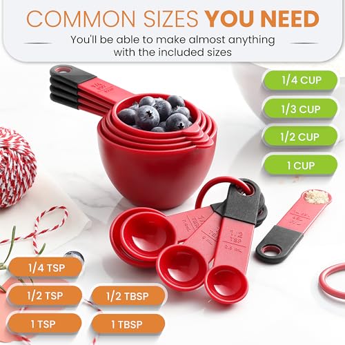 Spring Chef Set of 9 Plastic Magnetic Red Measuring Cups and Spoons - color: Red