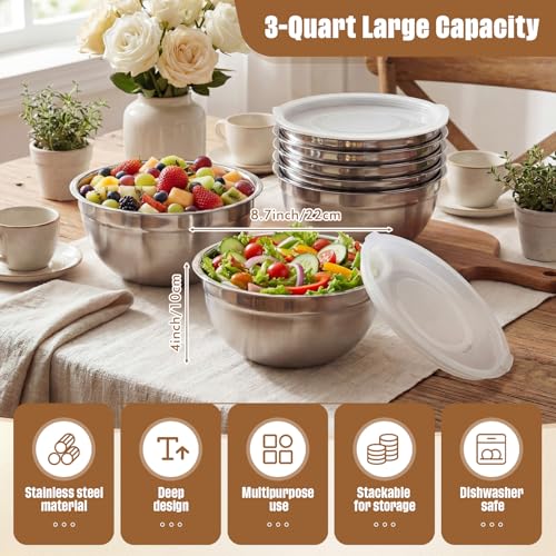 Geetery 6 Pack Stainless Steel Mixing Bowls with Airtight Lids 3qt Metal Mixing Bowl Thicker Stainless Steel Salad Bowls for Food Prep, Baking, Storage, Cooking, Serving Dishwasher Safe (White Lid) - color: White Lid