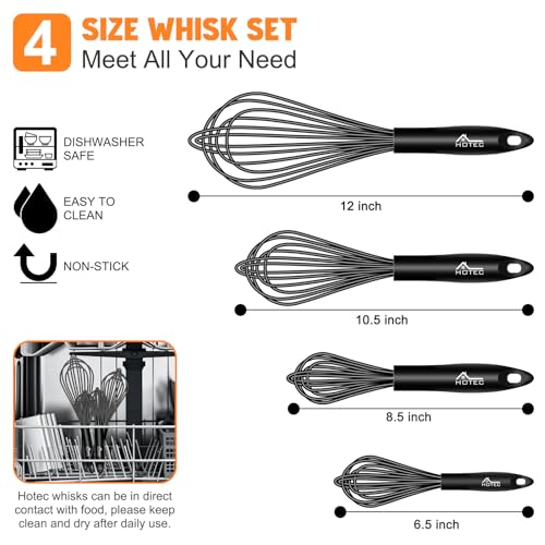 HOTEC 4Pcs Silicone Whisk Set, Wire Balloon Whisks for Cooking Egg Beater - color: Black