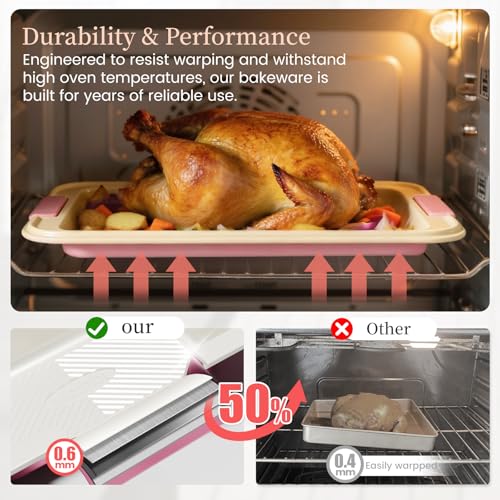 Kikcoin 25-Piece Nonstick Baking Pans Set with Large Turkey Roasting Pan, Stackable Bakeware Set, 450°F Oven Safe Baking Sheet Set with Silicone Handles, Carbon Steel Cookie Sheets for Baking, Pink - color: Pink