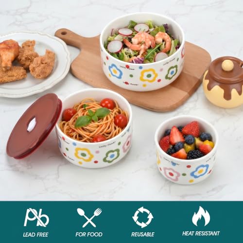 Ceramic Bowls with Lids, 24/15/8 Oz Ceramic Nesting Bowls Set