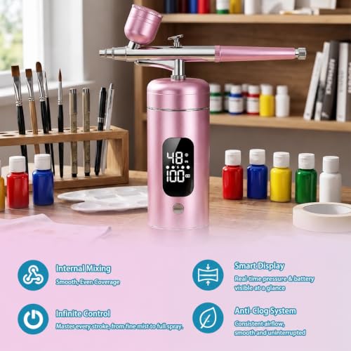 Cordless Airbrush Kit with Compressor,48 PSI High-Pressure, 6000mAh Rechargeable, 3-Speed Adjustable - 0.2/0.5 mm Nozzles & 3 Cups,Non-Clogging for Cake,Models, Makeup,Painting,Nails Art (Pink)