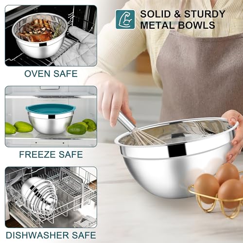 E-far Stainless Steel Mixing Bowls, 7PCS Mixing Bowls with Airtight Lids - color: Blue, size: 7 Regular Sizes