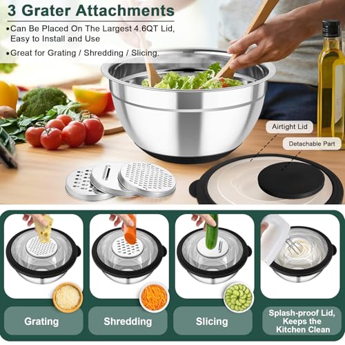 TeamFar Mixing Bowls with Colander, Stainless Steel Salad Bowls, Black - color: Black