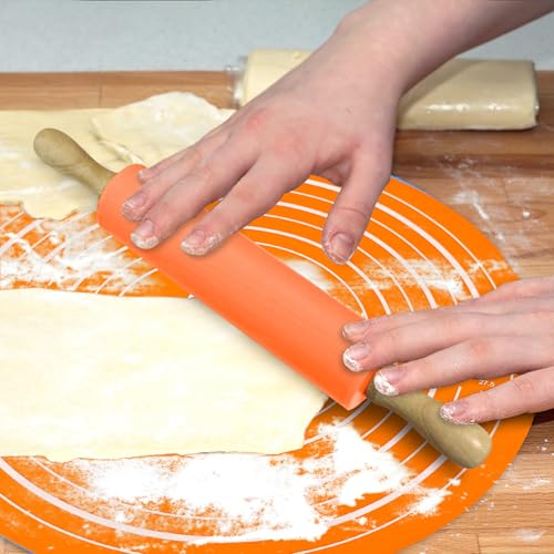 Silicone Rolling Pin Backing Mat Set, 13" Dough Roller with Non Stick Pastry Sheet, Small Fondant Roller Round Kneading Mat for Bread Cookie Pie Pizza Sourdough Kitchen (Orange) - color: Orange