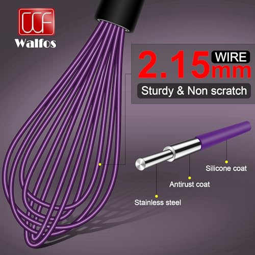 Walfos Whisk, Silicone Whisks Set of 5, Mini Stainless Steel Whisk 7+5in & Non Scratch Coated 7+9+11in Whisks, Suitable for Blending, Whisking, Beating, Frothing & Stirring. (Purple) - color: 5pcs Purple + Stainless Steel;7+9+11in & 5+7in