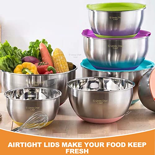Umite Chef Mixing Bowls with Airtight Lids, 6 Piece Stainless Steel Metal Bowls, Measurement Marks & Colorful Non-Slip Bottoms Size 7, 3.5, 2.5, 2.0,1.5, 1QT, Great for Mixing & Serving - color: Multicolor