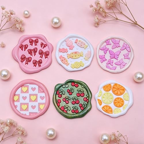 6-Piece Cute Wax Seal Stamp Set – Full-Coverage Pattern Collection with Solid Brass Heads & Wooden Handle – Kawaii Candy Cherry Butterfly Designs for Cards, Envelopes & DIY Crafts