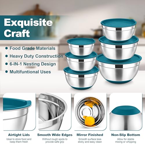 TeamFar Mixing Bowls, Stainless Steel Salad Bowl with Lid & Graters -Blue - color: Blue