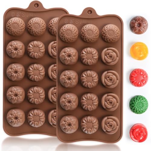 Mini Flower Silicone Molds, 15 Cavities Four-Shape Flower Molds for Making Chocolate/Candy/Fondant/Gummy, 2 PCS Food Grade Chocolate Mold for Fruit Snack/Snack Biscuits - color: Four-Shaped