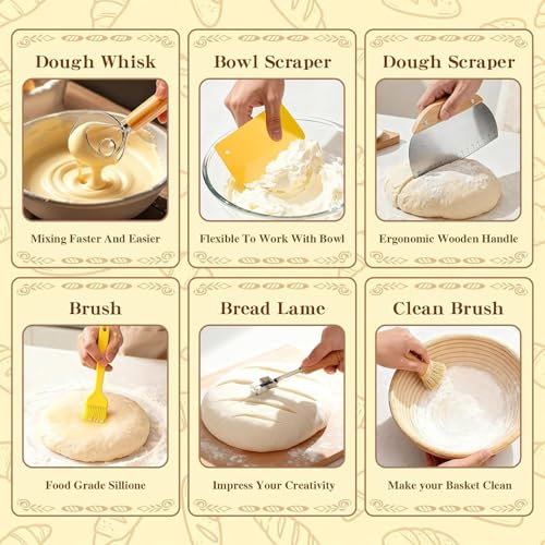 Beginner Sourdough Starter Kit - 9" Round & 10" Oval Banneton Proofing Baskets with Glass Starter Jar, Bread Sling, Dough Scrapers, Cooling Rack - Complete Homemade Baking Gift Set