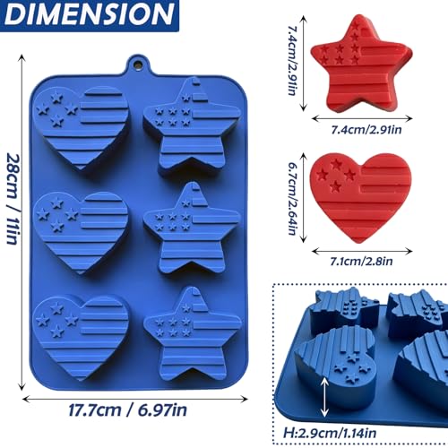 2 Pack 4th of July Silicone Molds for Baking, Large Independence Day Patriotic Chocolate Molds with American Flag Heart & Star Shapes, Silicone Chocolate Molds for Candy, Soap, Ice, Cupcake Toppers