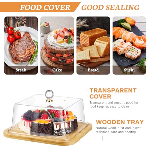 Cabilock Square Cake Stand with Lid, Wood Serving Tray, Clear Acrylic Cover