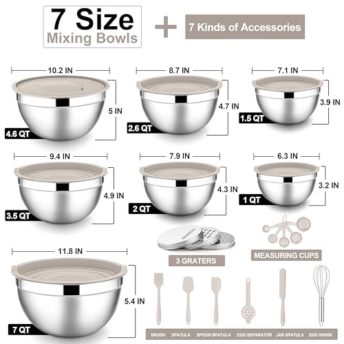 E-far Stainless Steel Mixing Bowls, 21PCS Mixing Bowls with Airtight Lids - color: Khaki, size: 7 Large Sizes