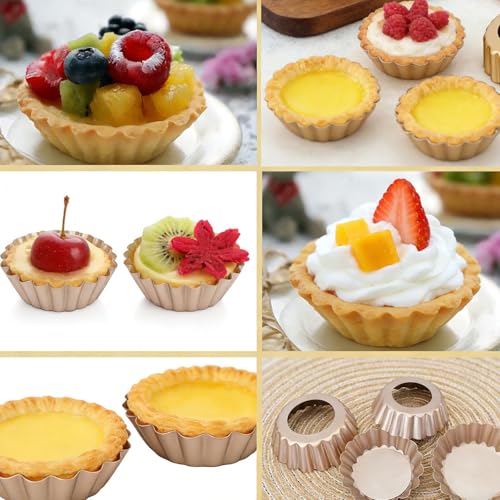 DATANYA Mini Tart Pans Removable Bottom 3 Inch, Carbon Steel Nonstick Quiche Pan Pie Tart Tin Mold, 0.8inches High for Baking Tartlets, Pies, Cakes, Cupcakes - Premium Champagne Gold 12PCS - size: 3.15 Inch X 0.8-inch