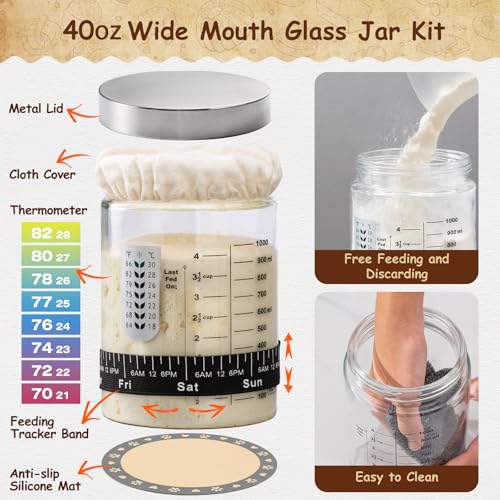 Angadona Sourdough Starter Kit, Sourdough Bread Baking Supplies, 40oz Sourdough Starter Jar, 9" Round & 10" Oval Silicone Bread Proofing Baskets Set, Bread baking tools,Silicone bread Sling