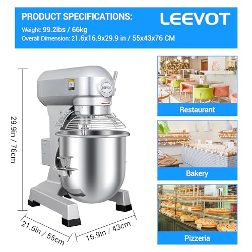 LEEVOT 20Qt 1100W Commercial Food Mixer, Commercial mixer 3-Speed Adjustable Heavy Duty Stand Mixer with Stainless Steel Bowl for Bakery Pizzeria. - size: 20QT+Timer