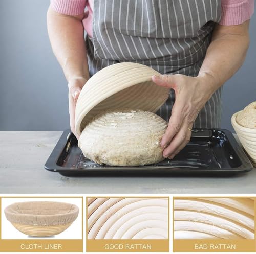 Sourdough Starter Kit of 9-Inch Round and 10-Inch Oval Banetton Proofing Baskets Complete Sourdough Bread Baking Supplies, Bread Lame + Dough Wisk + Stainless Steel Dough Scrapers + Cleaning Brush - style: Sourdough Kit