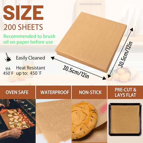 12x12 Inch Parchment Paper Sheets 200 Pcs, Unbleached Non-Stick - size: 12"x12"-200pcs