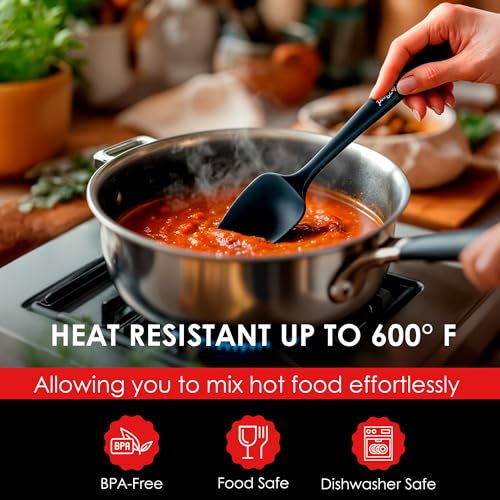 Silicone Spoon Spatula - 600ºF Heat-Resistant Non-Stick Rubber Spoonula | Use as Silicone Kitchen Scraper Utensil - Baking and Cooking Strong Stainless Steel Core | UpGood Kitchen Utensils, (Black) - color: Black