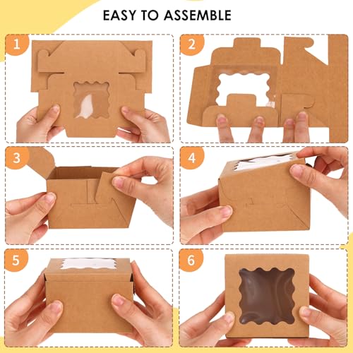 TOMNK 150pcs Small Cookie Boxes with Window, 4x4x2.5In Cookie Packaging - color: Brown