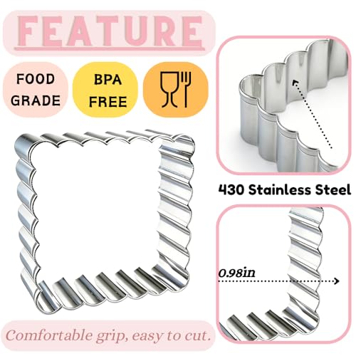Square Cookie Cutter Set, 3 Pcs Wavy Edge Stainless Steel