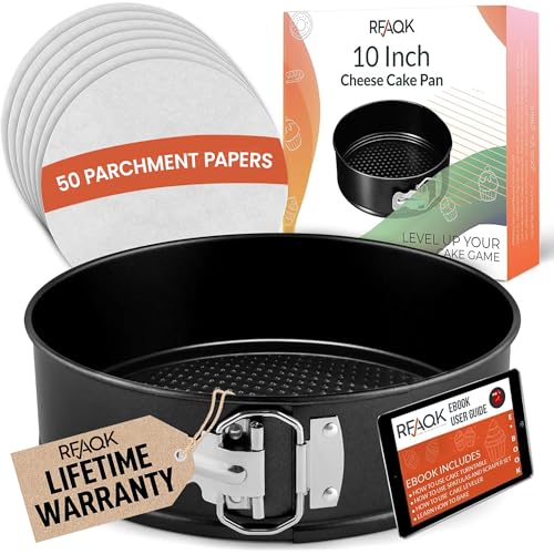 RFAQK 10 Inch Springform Pan Nonstick Leakproof - Spring Form Pan for Cheesecake with Removable Bottom, Include 50pcs Parchment Paper, Recipe E-Book - Perfect for Baking Cheese Cakes, Pizzas, & More! - size: 10-Inch