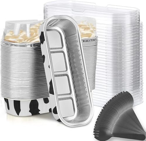 Findful Mini Loaf Baking Pans with Lids and Spoons (50 Pack, 6.8oz) Rectangle Aluminum Foil Baking Pans Tins Containers - Cupcake Containers Wrappers Cheesecake Creme Brulee Ramekins - color: Milk White