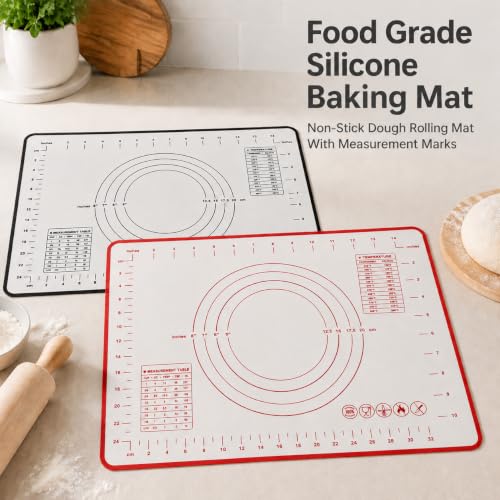 Silicone Pastry Mat for Rolling Dough Non Slip, 2-Pack Non-Stick Dough Rolling Mat with Measurements, Heat Resistant Baking Mat for Making Pie Crusts, Sourdough Bread, Cookies