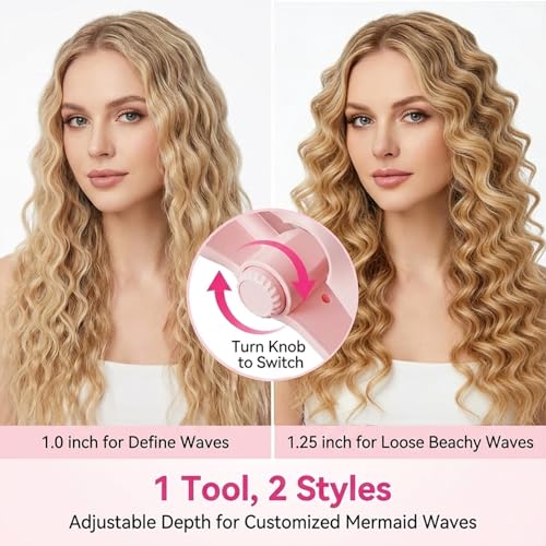1&1.25 Inch Hair Crimper for Women - Curling Iron Waver Hair Tool to Adjustable Groove - Rizadora para Cabello - Anti-Scald Tech Hair Waver - Ionic Ceramic Coating for Long-Lasting,Fast Heating,Pink - color: Pink