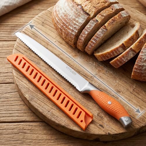 VITUER Bread Knife with Cover, 8 inch Serrated Bread Knife for homemade bread, Bread Cutter Ideal for Slicing Homemade Bread, Bagels, Cake (8-Inch Blade with 5-Inch Handle) (Pack of 2) - size: 8" (Pack of 2)