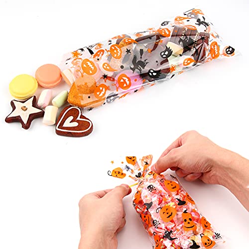 LOMIMOS 150PCS Halloween Cellophane Candy Bags, Clear Plastic Treat bags with 300PCS Twist Ties for Snacks cookies Gift Supplies - size: 4.9x10.8 Inch (Pack of 150)