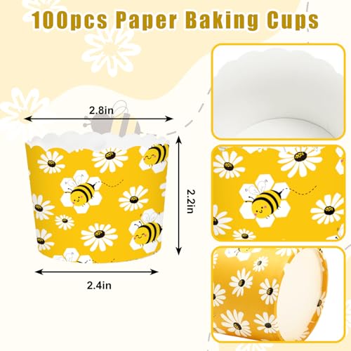 FYSUIMU 100Pcs Bee Paper Baking Cups Yellow White Bee Daisy Cupcake Wrappers Summer Scalloped Edge Cupcake Muffin Cases Disposable for Dessert Decoration - style: Bee