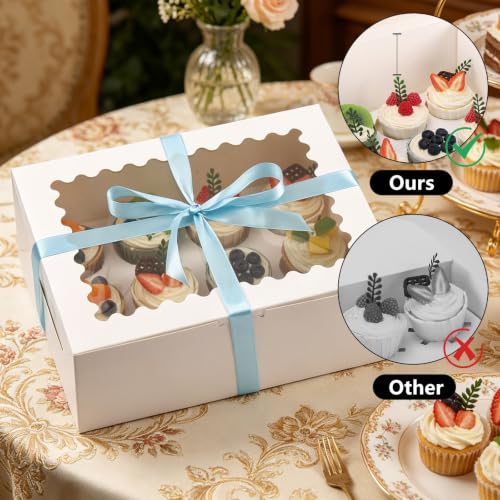 Tbestmax 20 Sets 12-Count Cupcake Boxes, 4.7 in Extra Tall Cupcake Containers with Windows & Inserts for 240 Cupcakes, White Pastry Boxes and 2 Rolls of Ribbon for Bakery, Parties, Weddings