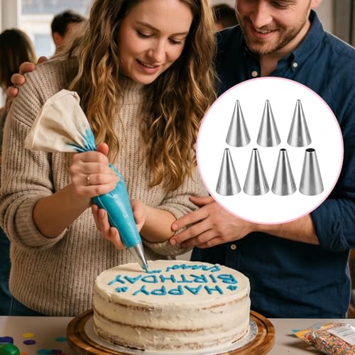 7Pcs Round Hole Piping Tips Set, Stainless Steel Cupcake Frosting Nozzles for Cake Decorating Professional Russian Pastry Icing Dispensers Supplies for Cake Cookies Pastry Fondant Cream