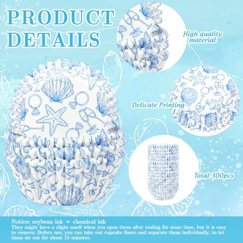 AnyDesign 300Pcs Last Toast on the Coast Cupcake Liners Paper Baking Cups Summer Blue Coastal Beach Standard Muffin Cupcake Wrappers for Bachelorette Bridal Shower Wedding Party Supplies - style: Coastal Beach