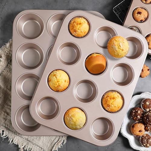 2 Packs Nonstick Round Muffin Baking Pan Tin, 12-Cup Muffin Tin, Cupcake Pans, Cheesecake Pans, Carbon Steel, Gold - color: Gold, size: 12 Cavity Muffin,2 PCS